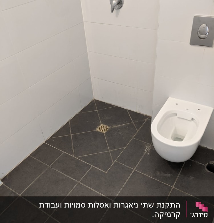 אסלה, ריצוף כהה, ניקוז רצפה, ברז קיר